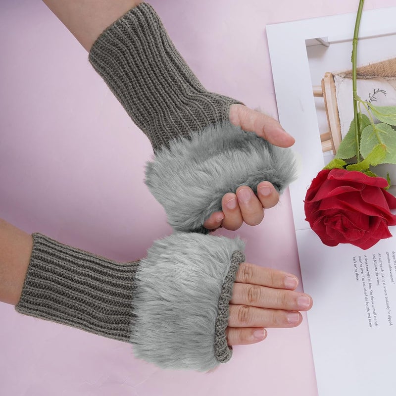 cnomg Winter Faux Fur Fingerless Gloves Faux Fur Half Finger Warmers Fingerless Gloves for Women Girls Working Writing - Image 4